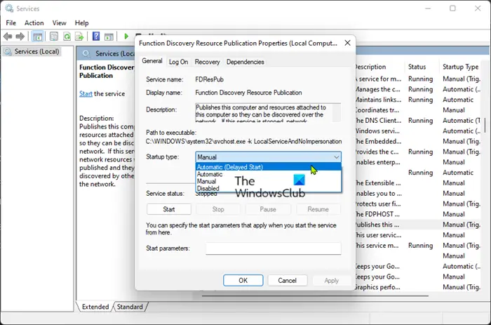 Change Function Discovery Resource Publication service Startup Type