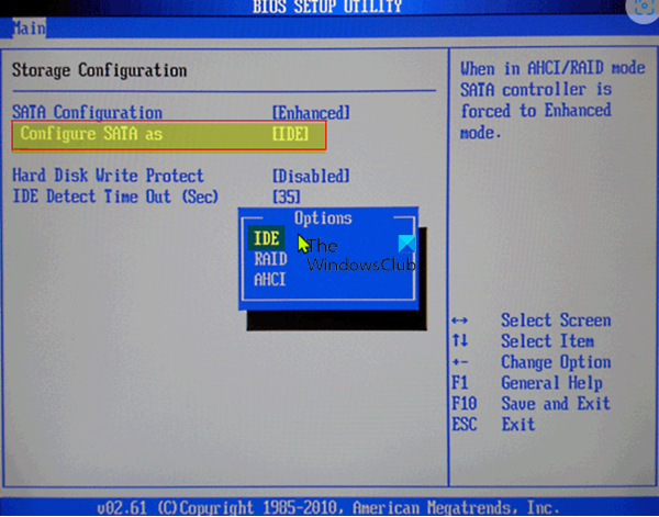 Change SATA configuration in BIOS