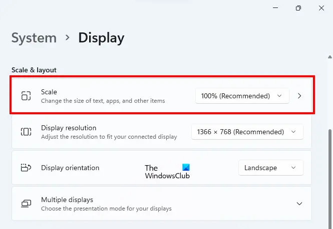 Change display scaling to 100% Recommended