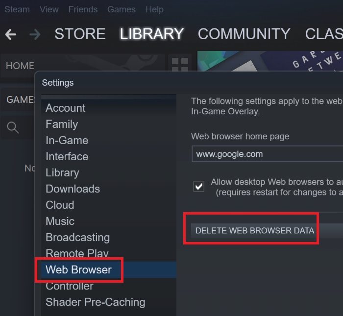 Clear web browser cache on Steam
