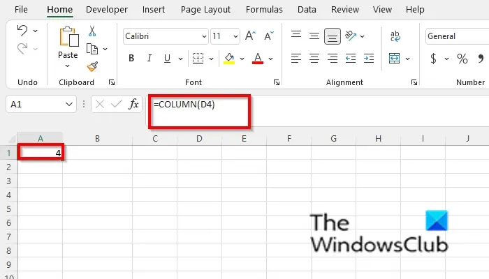 Column (D4) (How to use the Column function in Excel)