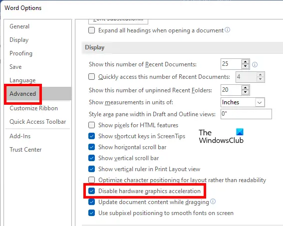 Disable hardware graphics acceleration in Word