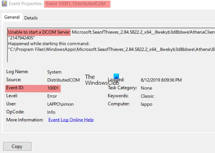 DistributedCOM error 10001  Unable to start a DCOM Server - 23