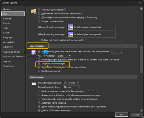 Forwarded Emails not saved in Sent Items folder in Outlook