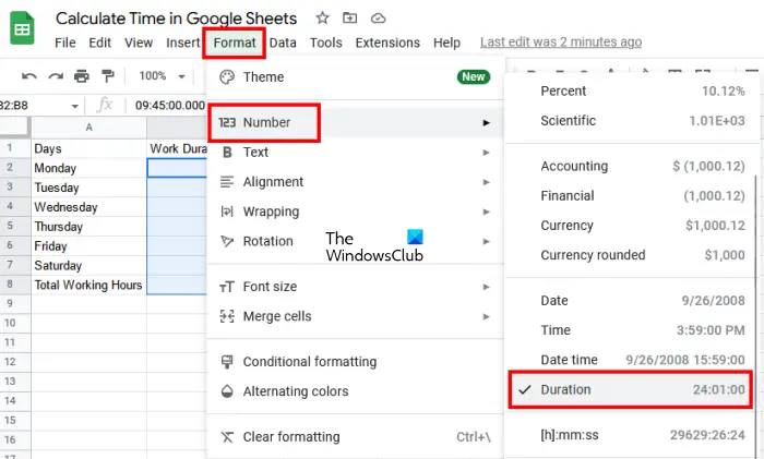 Format cells to Duration in Google Sheets