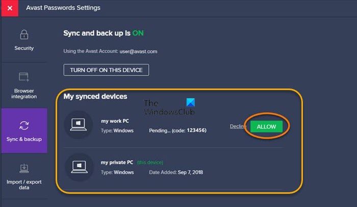 Manually turn on and sync Avast password