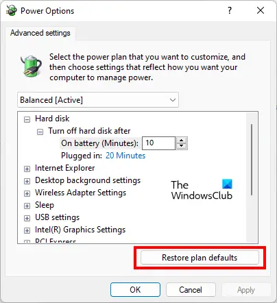 Restore your power settings to default
