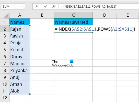 Reverse list in Excel using INDEX function