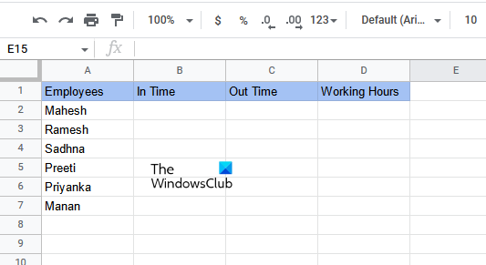Sample data to subtract time Google Sheets