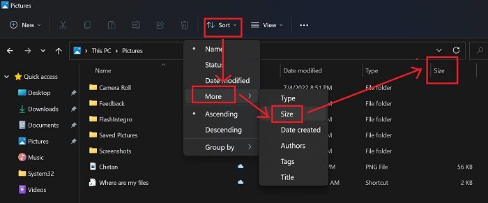 Sort files and folders by size