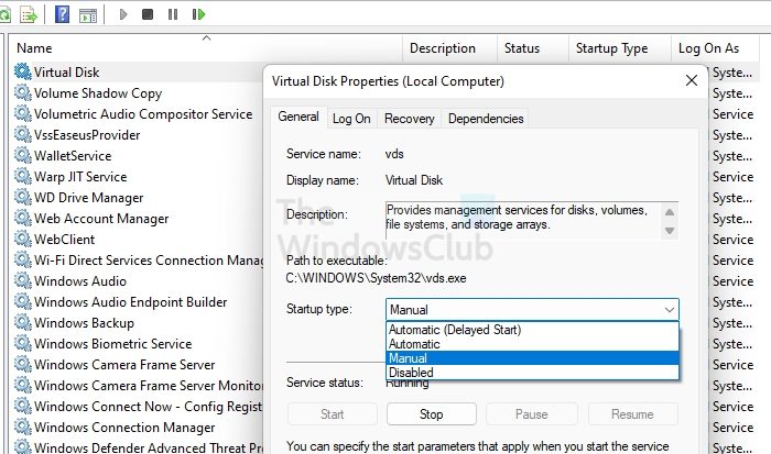 Start Virtual Disk Service Windows