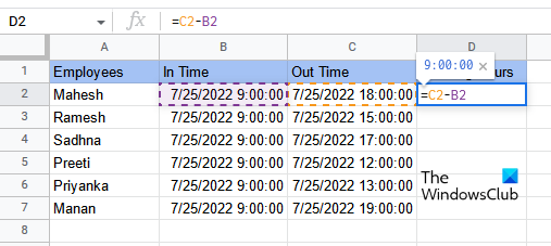 Subtract time in Google Sheets