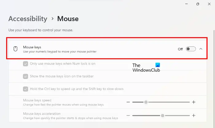 Turn off Mouse keys option