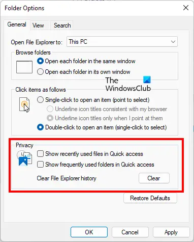 Uncheck Privacy Options in File Explorer