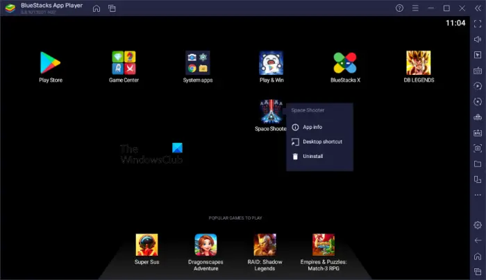 Uninstall app or game from Bluestacks 5 Home Screen
