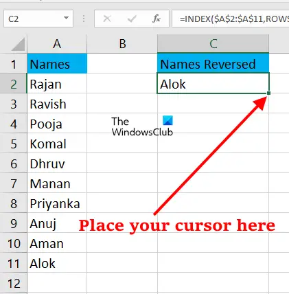Use INDEX function to reverse list in Excel