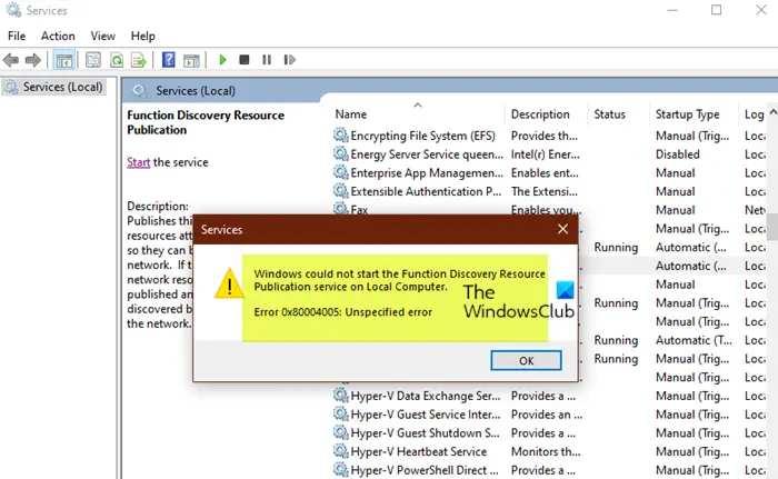 Windows could not start the Function Discovery Resource Publication