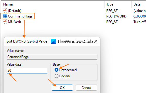 add 20 in CommandFlags value data