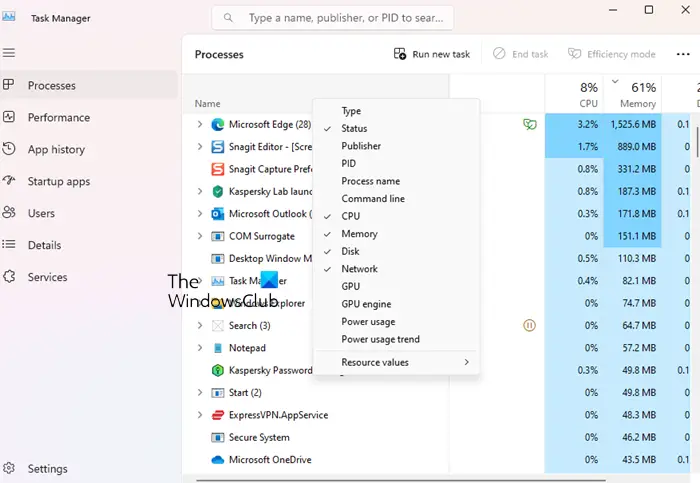 add columns to Task Manager in Windows