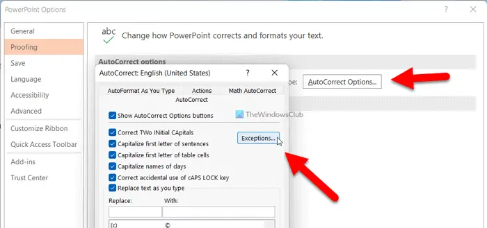 How to add or remove AutoCorrect exceptions in Word, Excel, PowerPoint