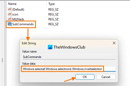 add subcommands value data