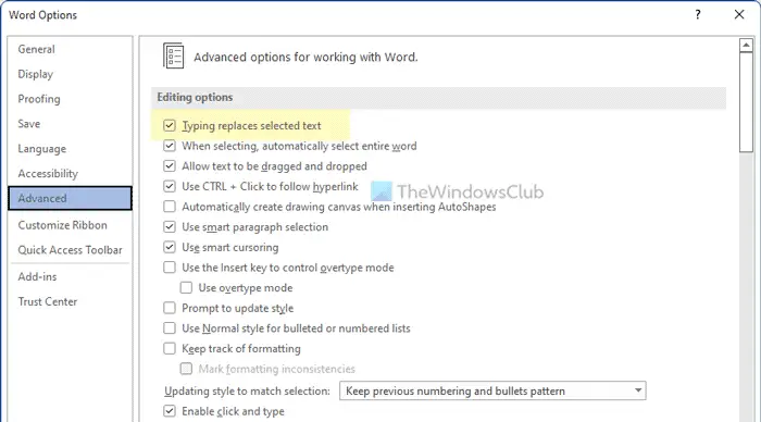 How to allow or block Word from removing selected text when typing