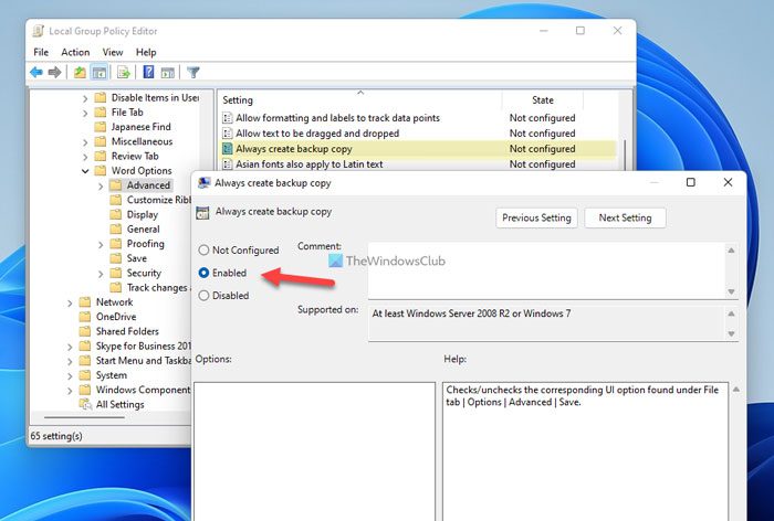 How to always create backup copy in Word 