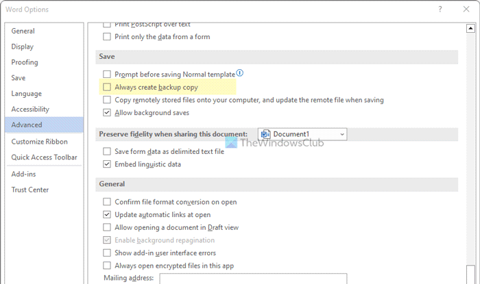 How to always create backup copy in Word 