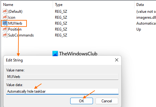 automatically hide taskbar value data