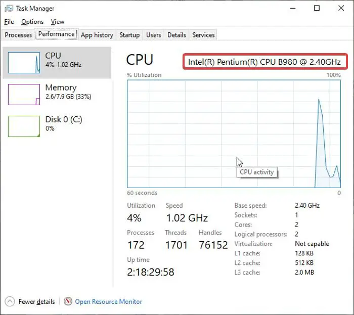 Check for intel processor generation on Windows - via task manager 