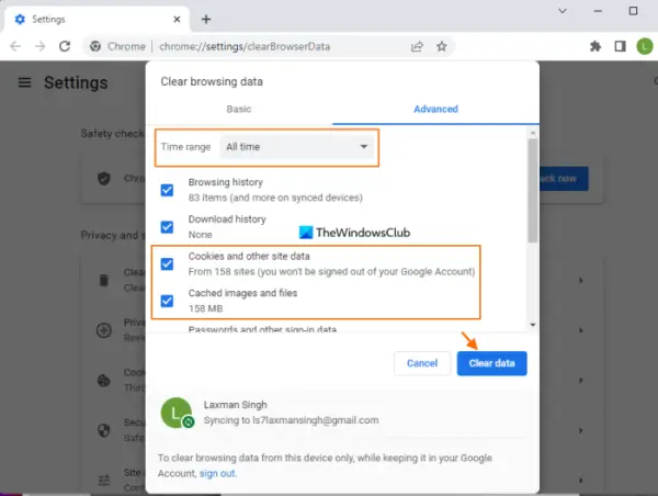 clear cookies and cached data