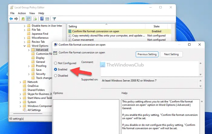 How to confirm file format conversion on open in Word