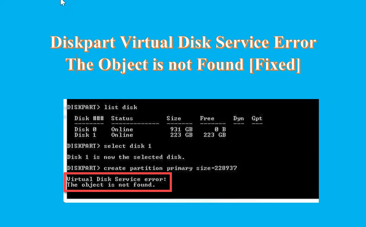 Ошибка службы виртуального диска Diskpart, объект не найден