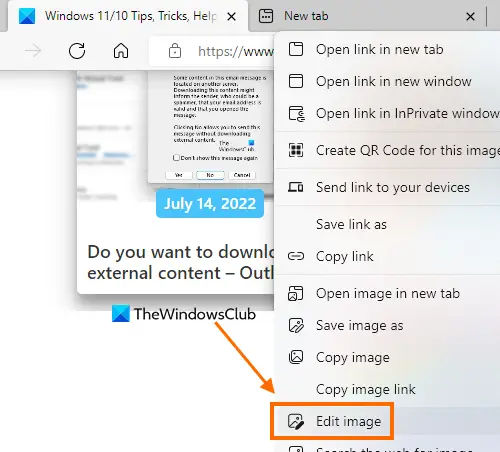 Microsoft Edge will allow editing the image before downloading it