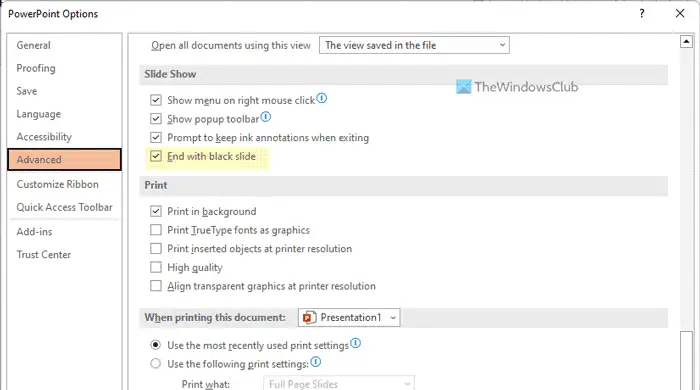 How to disable End with black slide option in PowerPoint