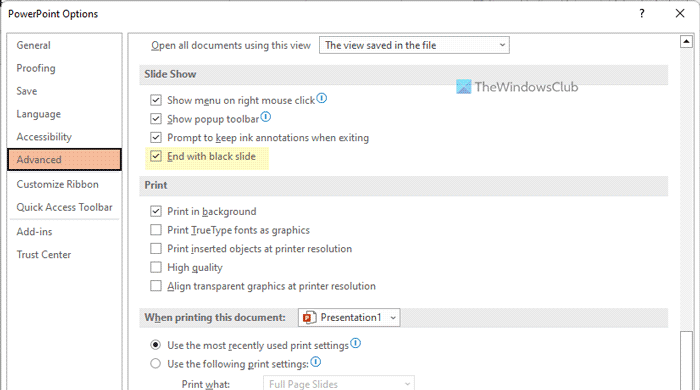 How to disable End with black slide option in PowerPoint