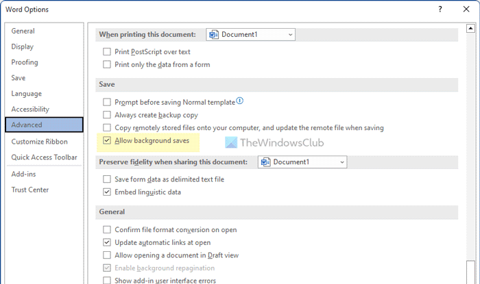 How to enable or disable background saves in Word 