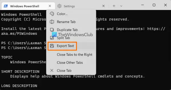 export text right click option