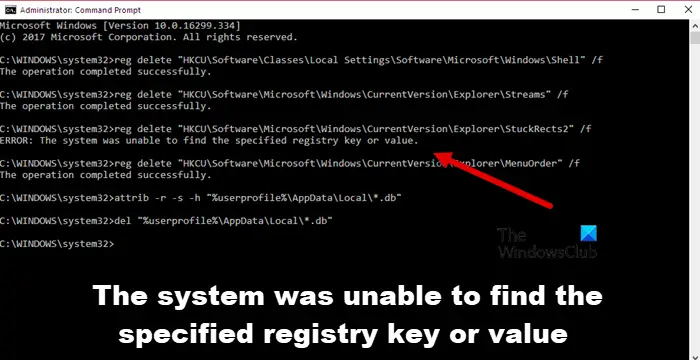 The system was unable to find the specified registry key or value