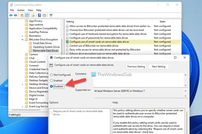 How to prevent users from using smart cards on BitLocker removable drives