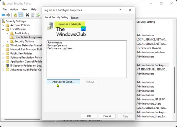 Add user to 'Log on as a batch job' group