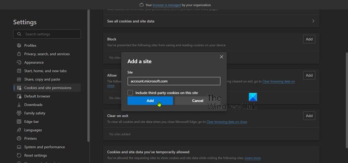 Allow Microsoft account page to save cookies