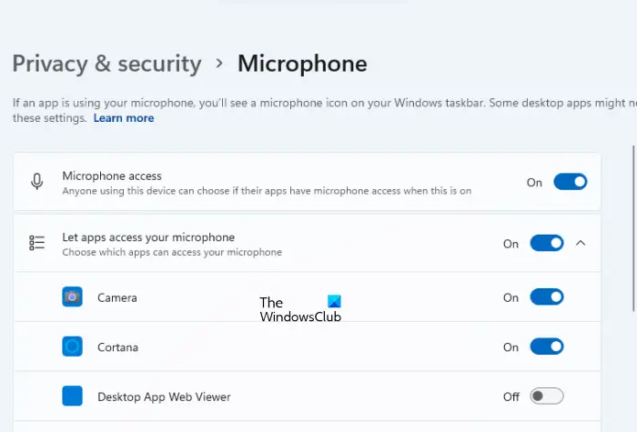 Allow microphone for apps in Privacy settings