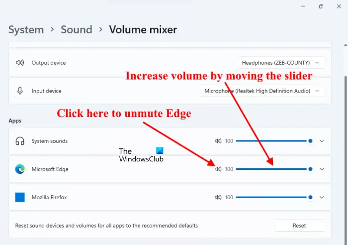 Check Volume Mixer settings for Microsoft Edge