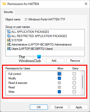 Controlla le autorizzazioni per il file del carattere Controlla le autorizzazioni per il file del carattere