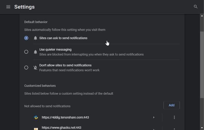 Chrome notifications settings