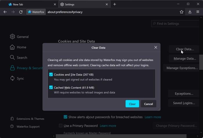 Clear caches and cookies on Waterfox