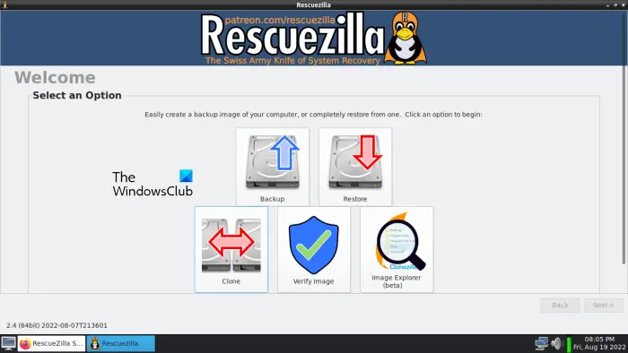 Click Backup on RescueZilla to get started