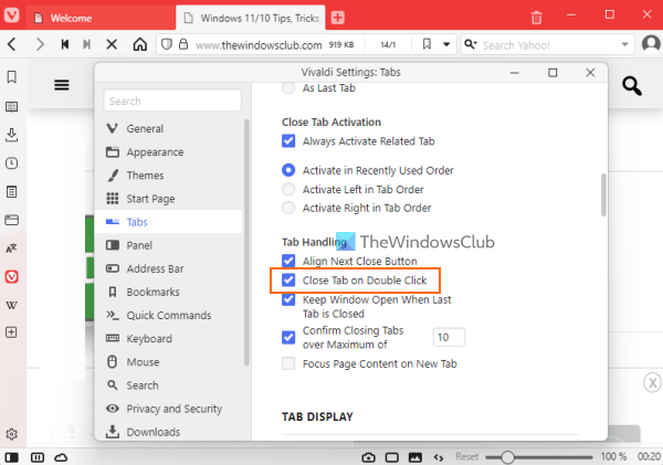 Close tab on double click Vivaldi