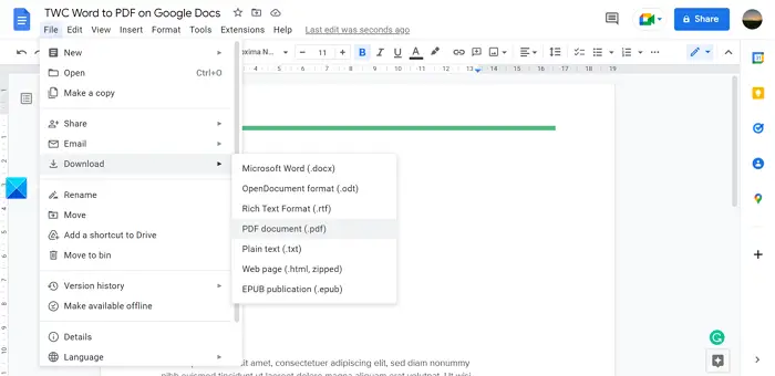 Convert documents to PDF in Google Docs